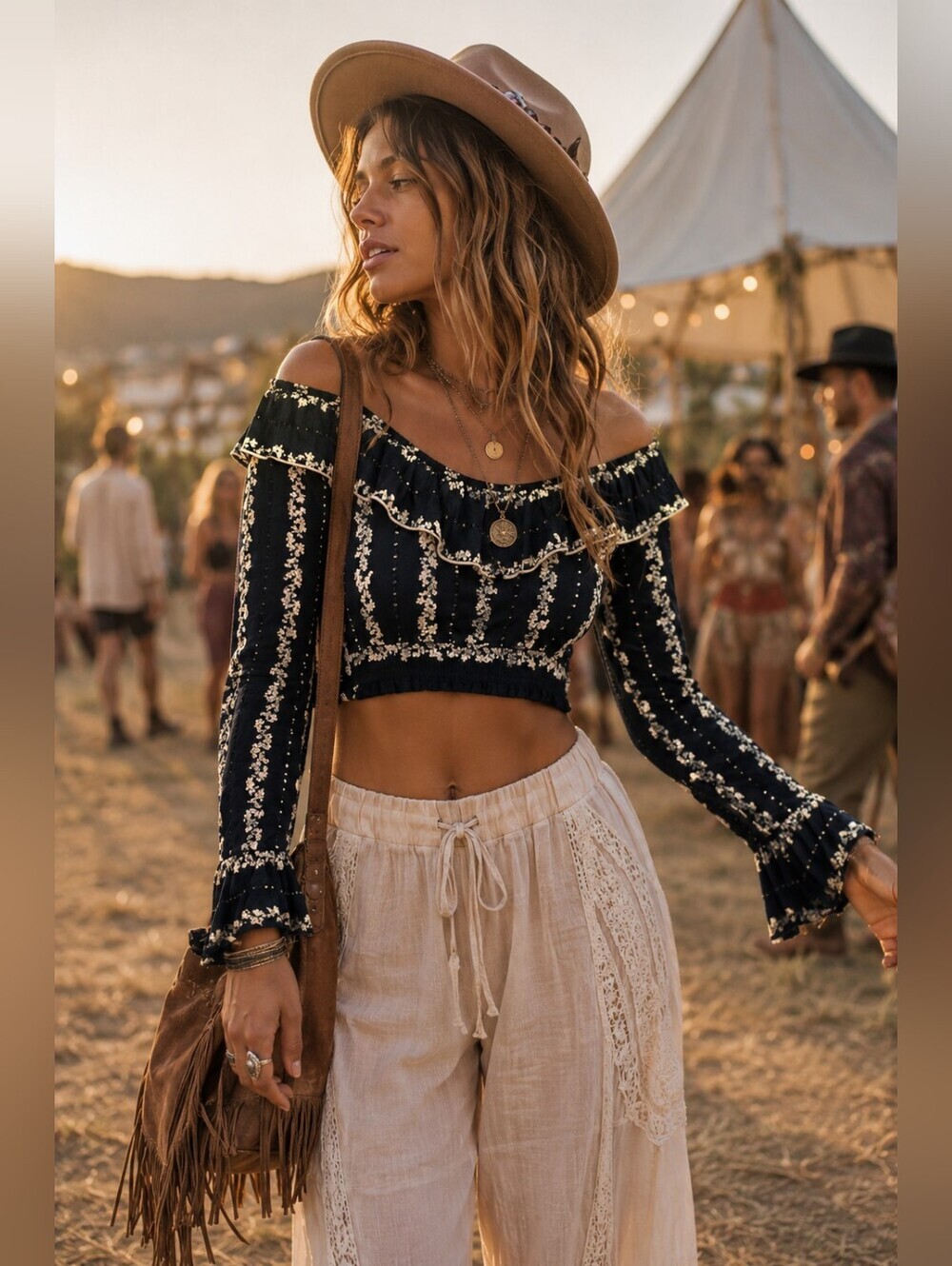 NWT Free People Black Floral Off Shoulder Crop Top | Romantic Boho Prairie Top